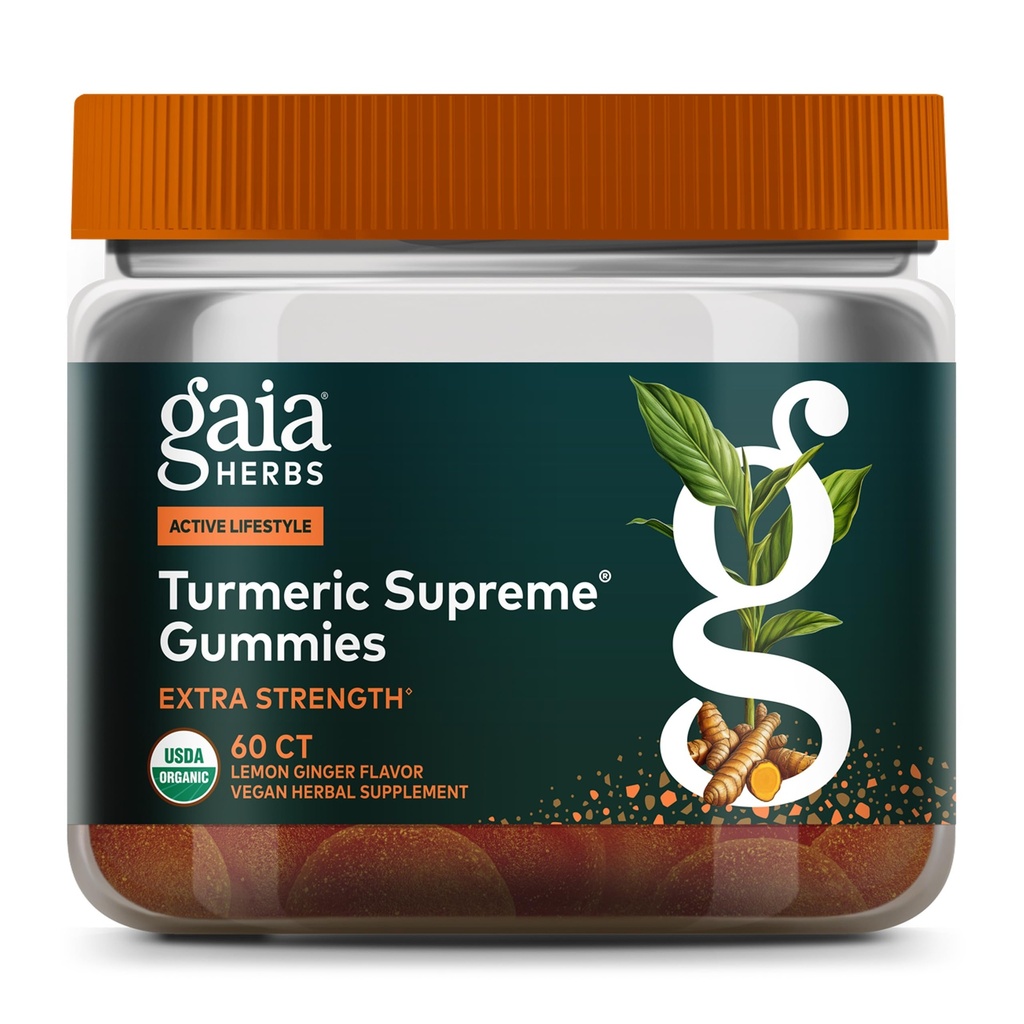 Gaia Herbs Turmeric Supreme Extra Strength Gummies - Wspiera Opuchliznę, aby pomóc utrzymać aktywny styl życia - Lemon Ginger Flavor - 60 Wegan Organic Gummies (20- Day Supply)