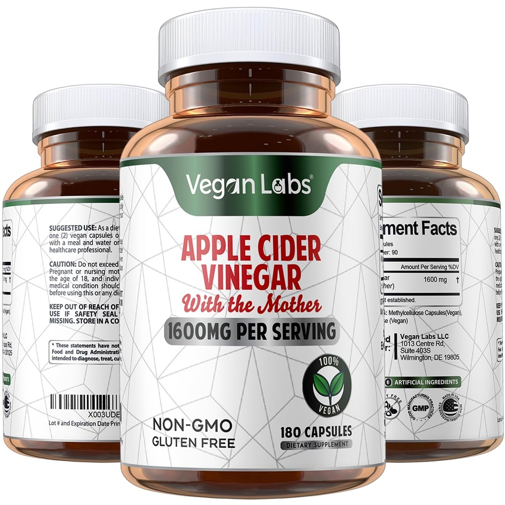Wegańskie Labs Jabłko Cydr Kapsułki z Mother- 180 Kapsułki wegańskie, 1600MG Na Służenie- 100% Naturalne ACV Pills - Pomaga zdrowe spożywanie, Keto, Zarządzanie wagą, Detox, i układu immunologicznego