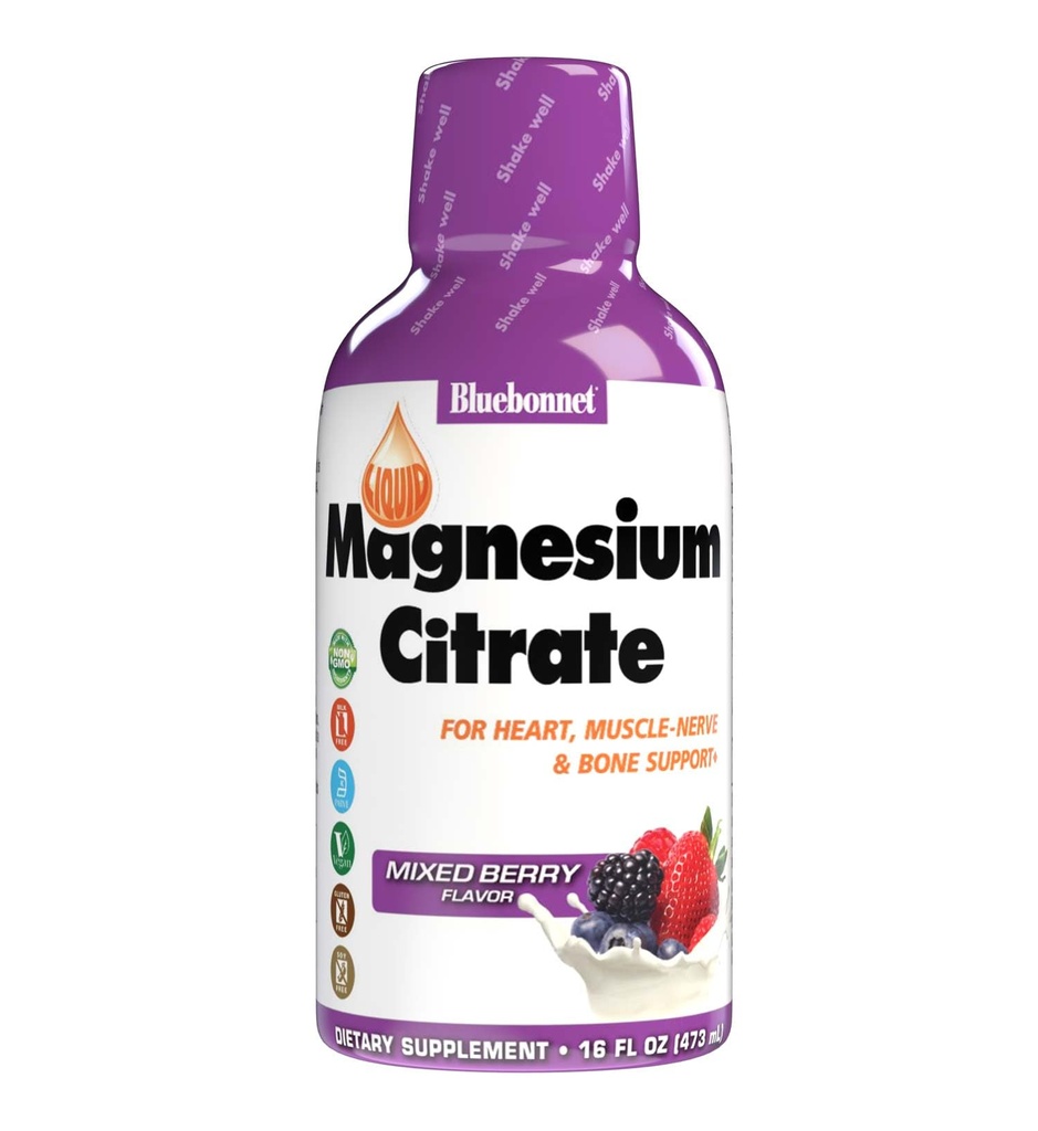 Bluebonnet Nutrition Magnezu Citrate 420 mg - Calm Mind & Body * - Supports Heart, Muscle & Sleep * - Non- GMO, Vegan, Kosher, Gluten- Free, Soy- Free, Milk- Free - 16 FL OZ, Mieszany Flavor Berry