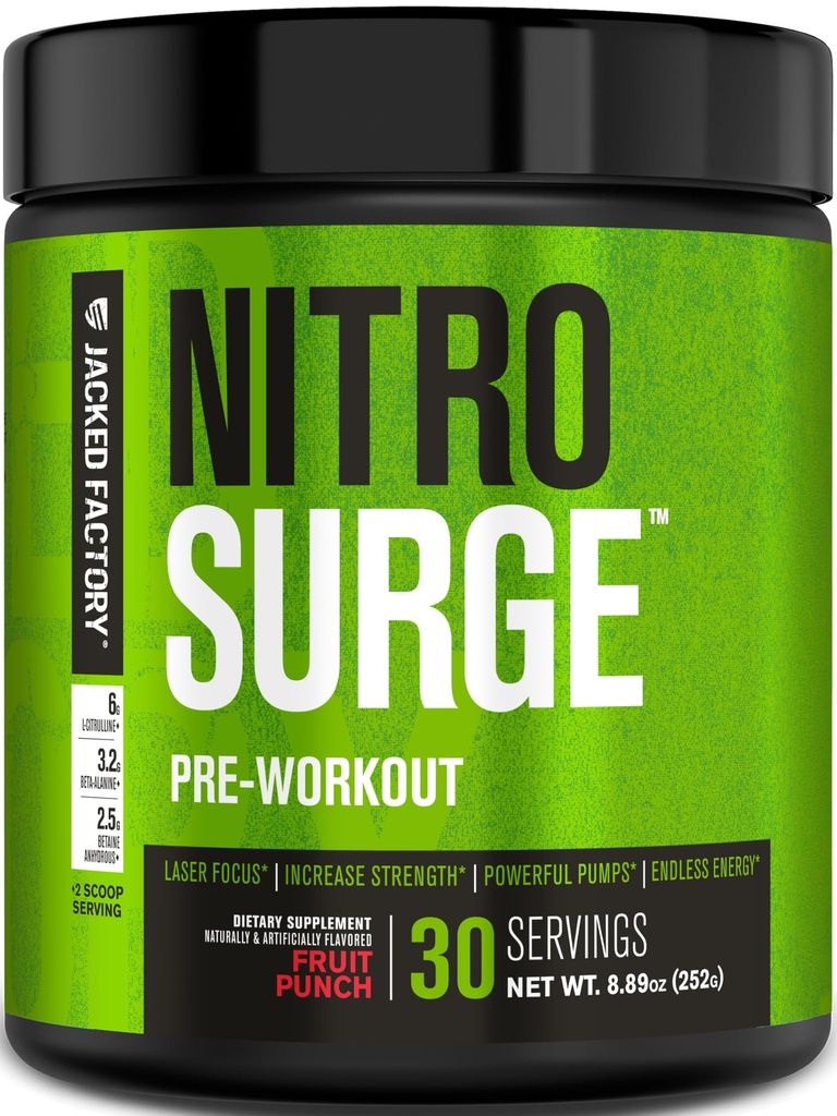 Jacked Factory NITROSURGE PreWorkout Supplement - Endless Energy, Instant Strength Gains, Clear Focus & Intensywne pompy - NO Booster & Mocny Prettenment Energy Powder - 30 Służenia, Owoce Punch