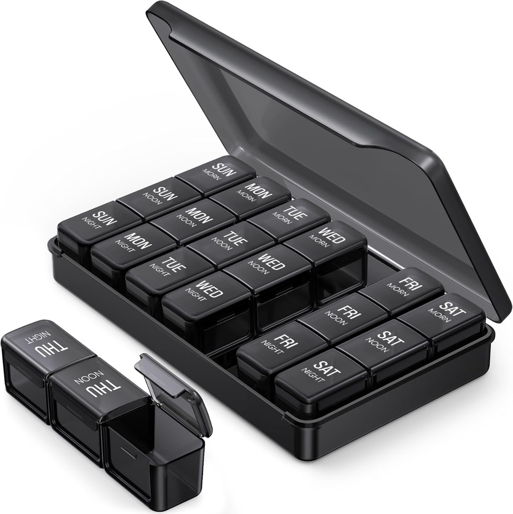 PULIV Pil Organizator 3 razy dziennie w czarnym kolorze dla ochrony prywatności, Portable Weekly Pill Box 7 Dzień dla podróży, Duży Light- Proof Pill Case dla witaminy, Leki, Suplementy i Oleje rybne