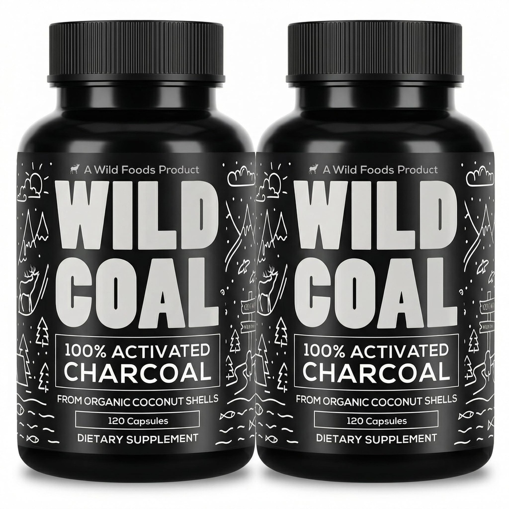 Wild Foods Activated Charcoal Capsules | 100% Organic Coconut Shells Active Tablets for Bloating Relief | Lab Tested & Non-GMO Detox Pills | USA (Two Bottles - 120 Capsules)