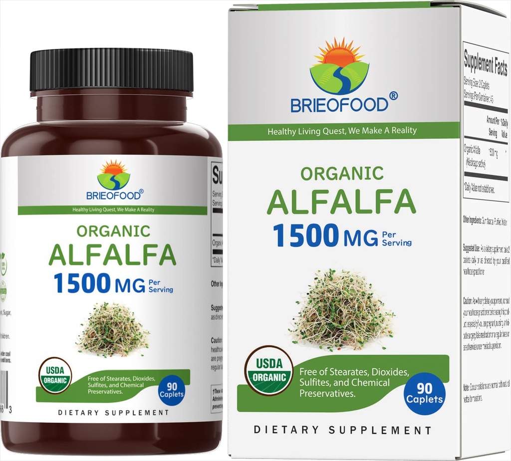 Brieofood Organic Alfa 1500mg, 45 Służenia, Wegetarianin, Gluten Free, 90 Tabletki wegetariańskie