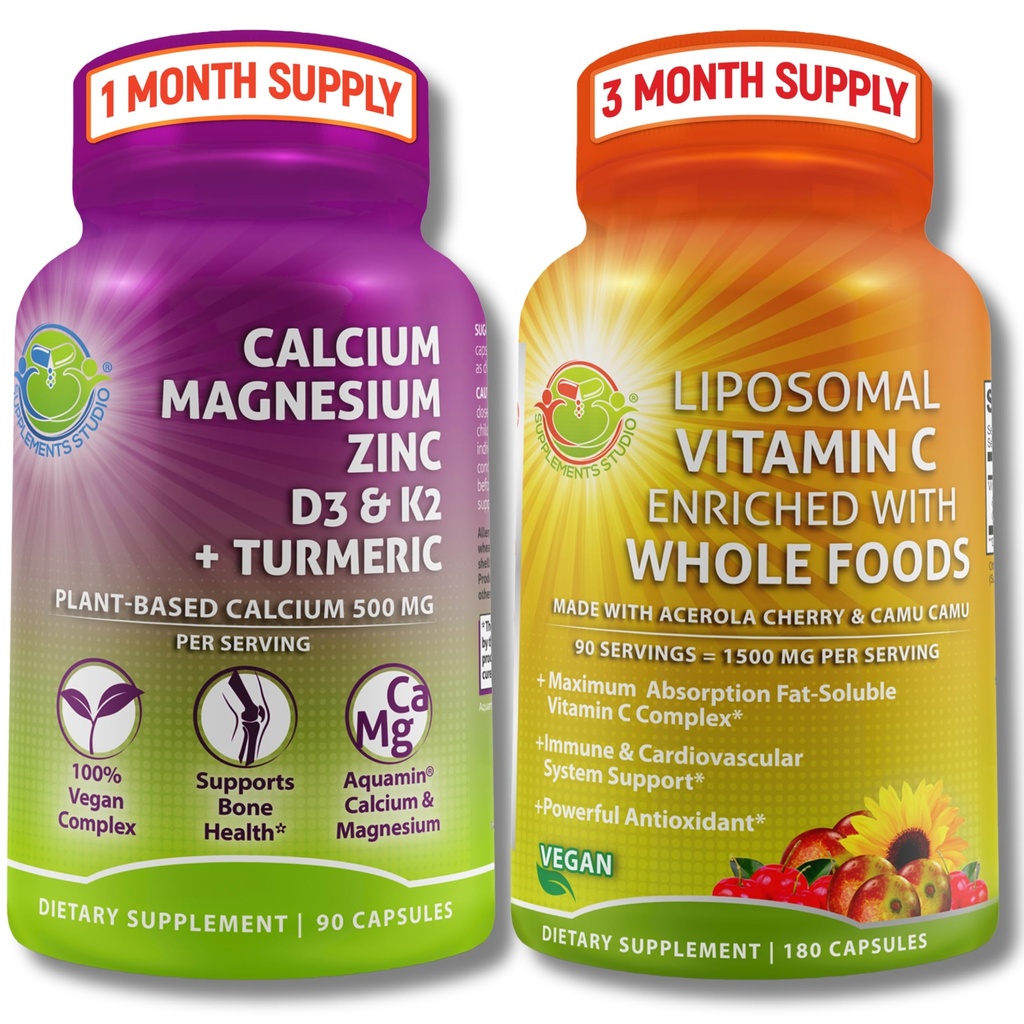 Supplement Bone & Immune Supplement Bundle - Witamina Liposomalna C 1500mg z organiczną acerolą & Camu Camu + Cynk wapnia z witaminą D3, K2 & Turmeric - Wegan, Non-GMO
