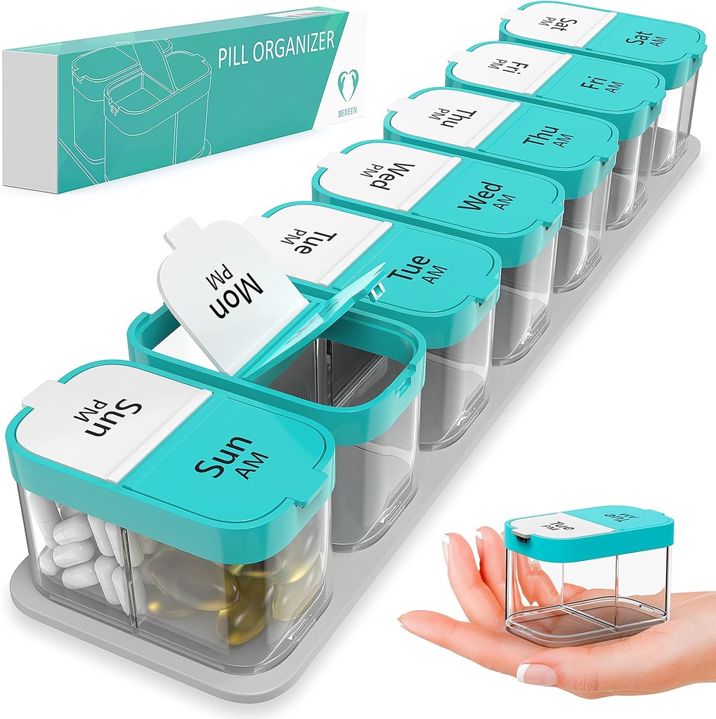 Extra Dużego Tygodniowego Pill Organizer - XL Witamina Holder z 7 Odłączalne Komory AM PM - Przenośny Dispenser Medyczny do domu i podróży, Big Supplement Container dla Weekly lub codziennego użytku, Mennica