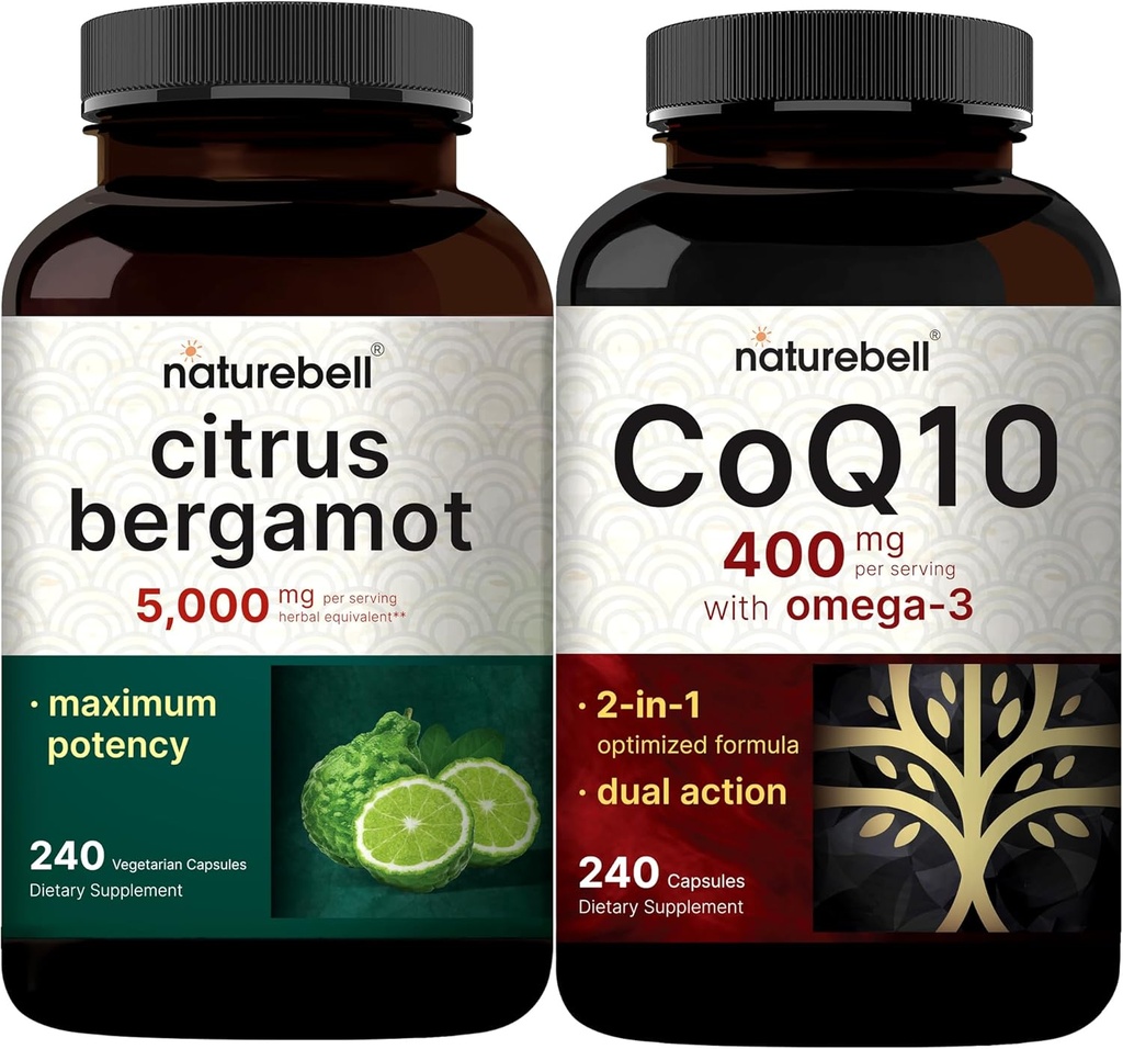 NatureBell CoQ10 400mg Kapsułki z Omega 3 Kwasy tłuszczowe & Citrus Bergamot Veggie Kapsułki 5000 mg Równoważny Pack Bundle 124; Stabilny, wysoki stopień absorpcji