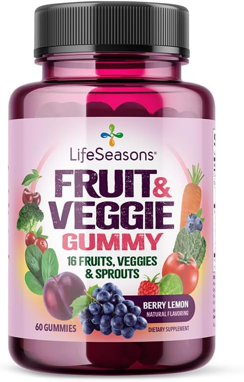 Owoce LifeSeasons Fruit & Veggie Gummy Supplement - 16 Owoce Warzywa & Szproty - Witaminy Minerały i Przeciwutleniacze - Nutritional Support for Immunity & Wellness - 3X Więcej mocy - 60 Gummies