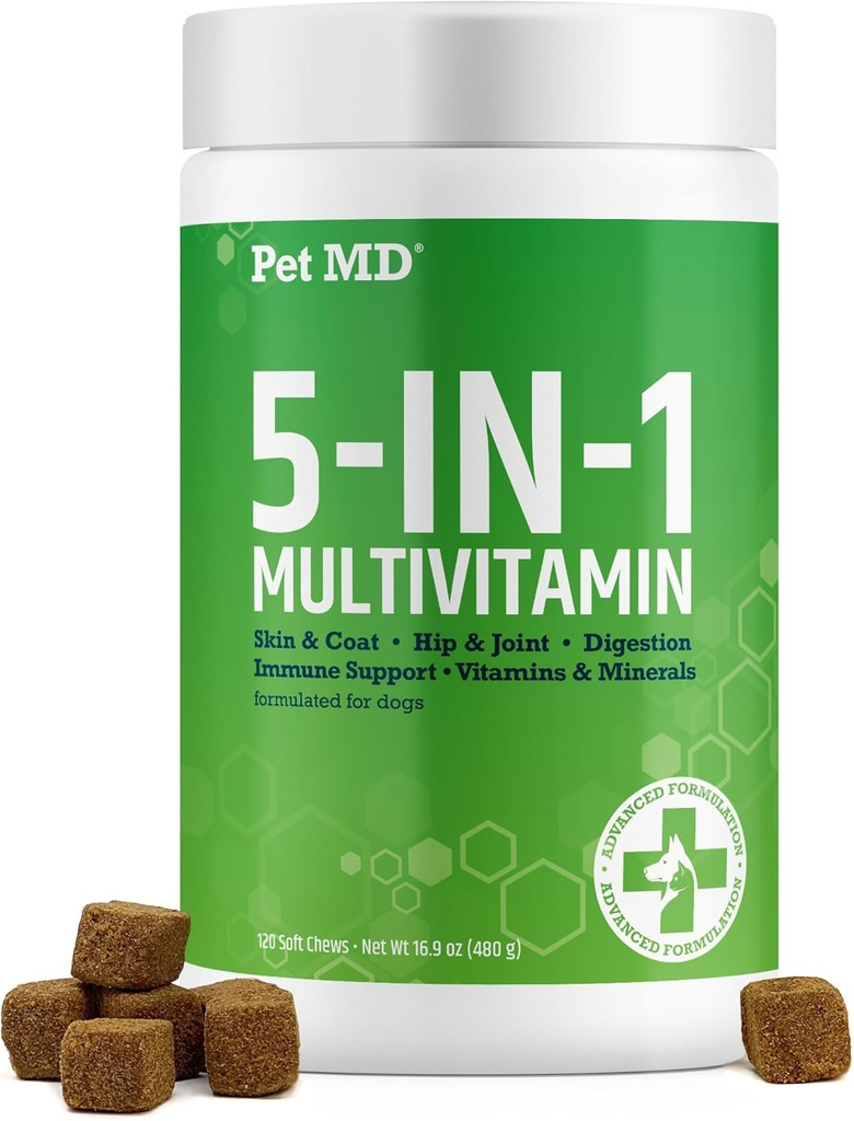 Pet MD 5in1 Dog Multivitamine - 30 Witaminy esencyjne, minerały i składniki odżywcze do skóry i płaszcza, Hip & Joint, trawienie, Witaminy immunologiczne i senior - Glukozamina, Omega 3 6 9, & Probiotyki - 120