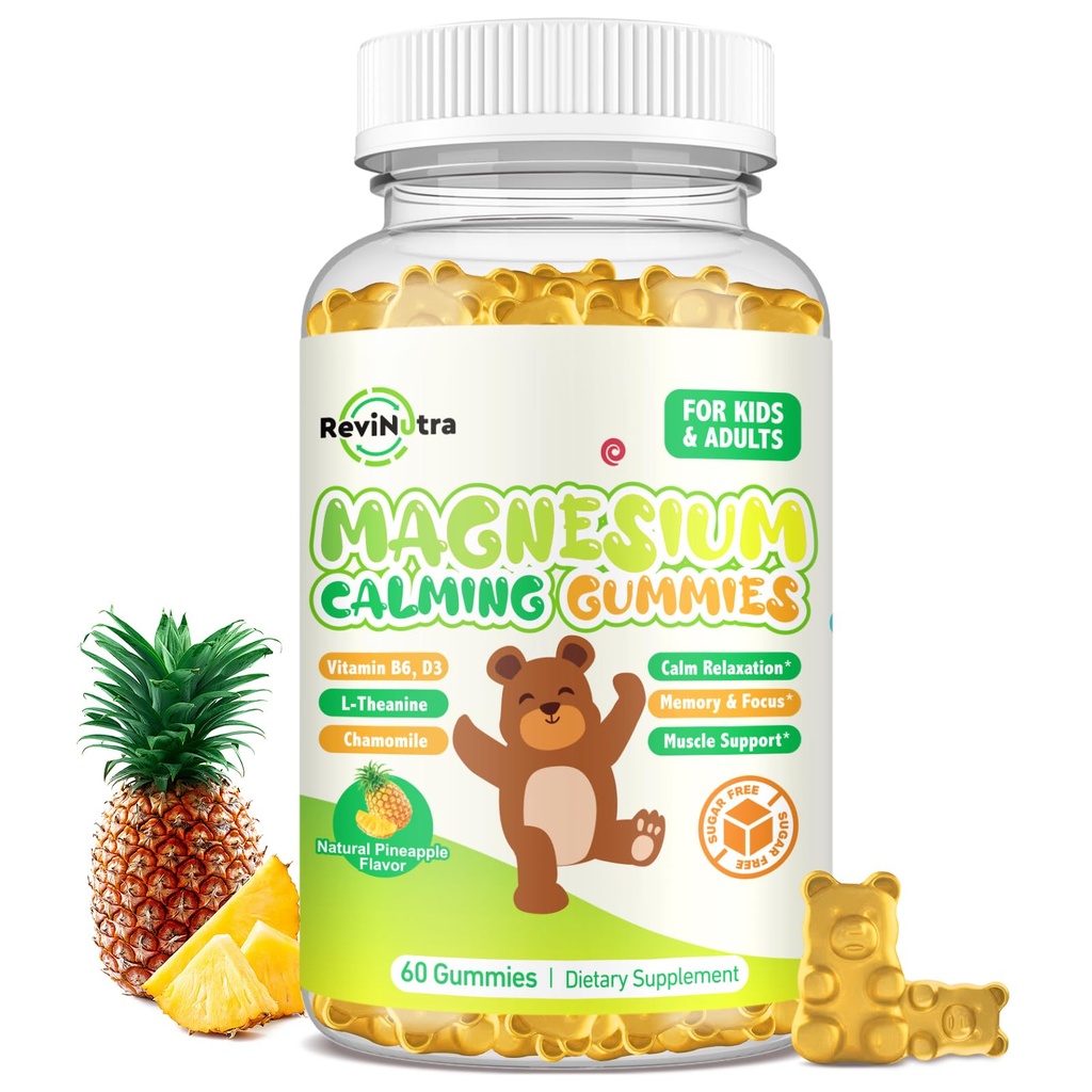 Magnezu Gummies dla dzieci - Magnezu Gummies Suplement z L- Theanine, Witamina B6, D3 dla dorosłych i dzieci, Spokojny Magnez dla snu, Relaksacja, Mózg, Kości, Cukier wolny ananas 60ct