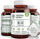 Naturalna Nutra Witamina B12 1000 µg, Suplement Cobalaminy B 12, Fosforan wapnia, Pomoc w Metabolizm zdrowia, Wspomaga układ nerwowy, Optymalne wchłanianie, Bez glutenu, Bez cukru, 60 Wegańskie tabletki