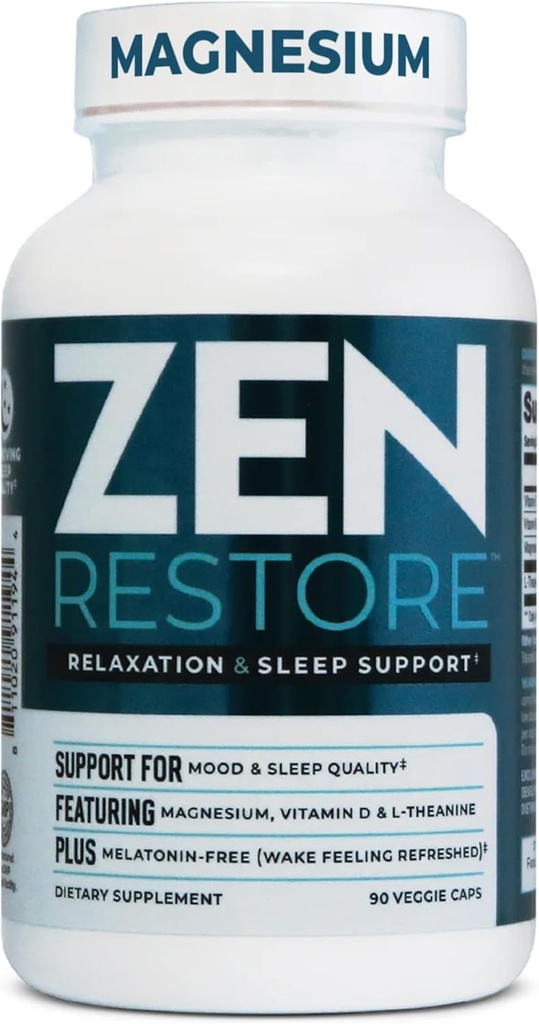 Nutrologia Zen Restore suplement magnezu, 400 mg jabłczan magnezu na dawkę z witaminą D3, L- Theanina, Promotes Relaxation, Odzysk mięśni i Nadnercza Zdrowie, Wysoka Absorpcja Suplement, 30 Służenie