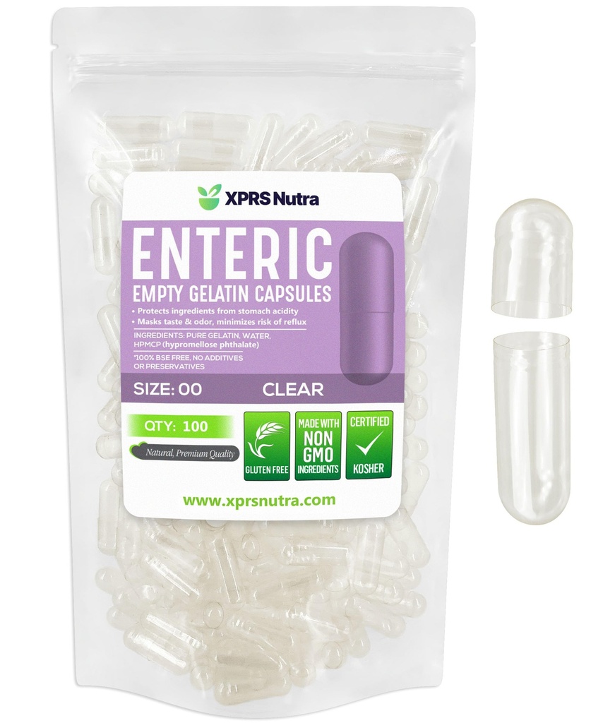 XPRS Nutra Rozmiar 00 Puste kapsułki - 100 Count Clear Enteric Coated Puste kapsułki żelatynowe - Opóźnione tabletki uwalniające - DIY Capsule Napełnianie - Pure Bovine Pusty Enteric żel Czapki