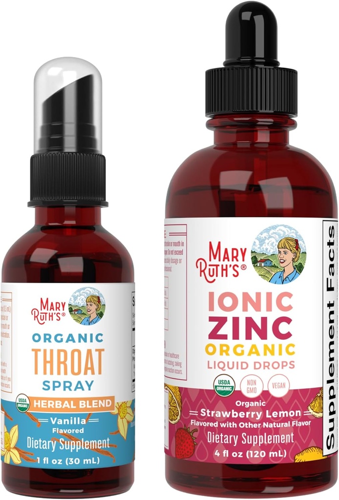 MaryRuth Organic Throat Spray (Vanilla) & Zinc Drops (Truskawka Lemon) Reg. 124; USDA Organic, Clean Label Project Verified ® Revised 124; Vitamin for Throat Relief, Immunitet & Ogólne zdrowie 124; Wegan, Non-GMO