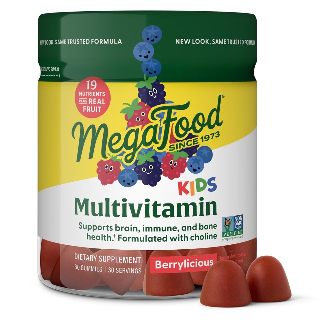 MegaFood Kids Multivitamin Gummies - Dzieci Witaminy - Wiek 4 + z Witaminą C, Witamina D, Cynk, Cholina, i Prawdziwe Owoce - Mózg i Wsparcie immunologiczne - Berrylonic Flavor - 60 Gummies (30 Słupki)
