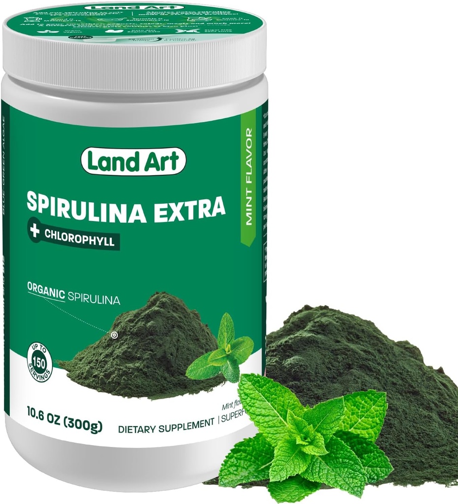 Land Art Organic Spirulina Extra Proszek - Mięta aromatyzowana - 100% Czysty - 75 Słupki - Superfood - Dobry smak i dobry zapach - 10% Chlorofil bioaktywny - Potężne źródło przeciwutleniaczy