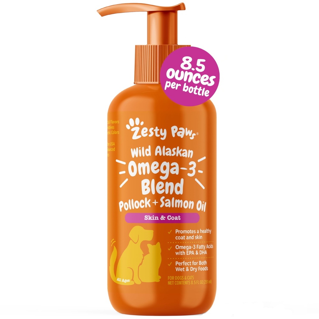Zesty Łapy Wild Alaskan Omega-3 Mieszanka Pollock + olej łososiowy dla psów i kotów - Wsparcie skóry i płaszcza, Omega 3 Suplement dla zwierząt domowych, 8.5oz