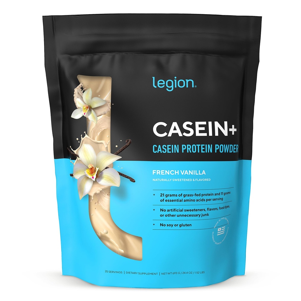 LEGION Proszek z białka kazeinowego (wanilia francuska) - Proszek z mikrokrystalicznego proszku kazeinowego - Nie-GMO, Proszek bez glutenu i naturalnie słodzony z krów karmionych trawami (25 Sług)