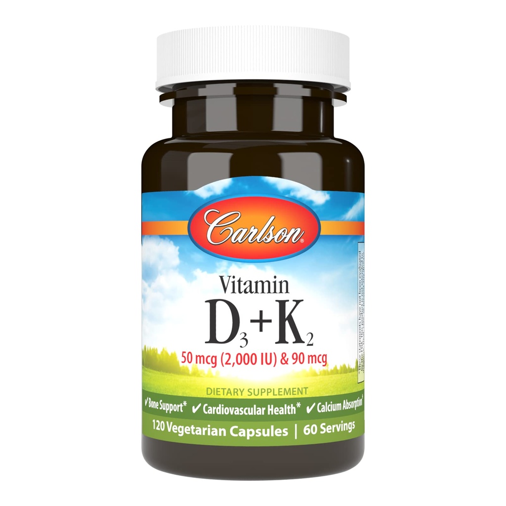 Carlson - Witamina D3 + K2, 50 µg (2000 j. m.) Witamina D3 & 90 µg Witamina K2 jako MK7, Podtrzymywanie kości, Wchłanianie wapnia, 120 kapsułek