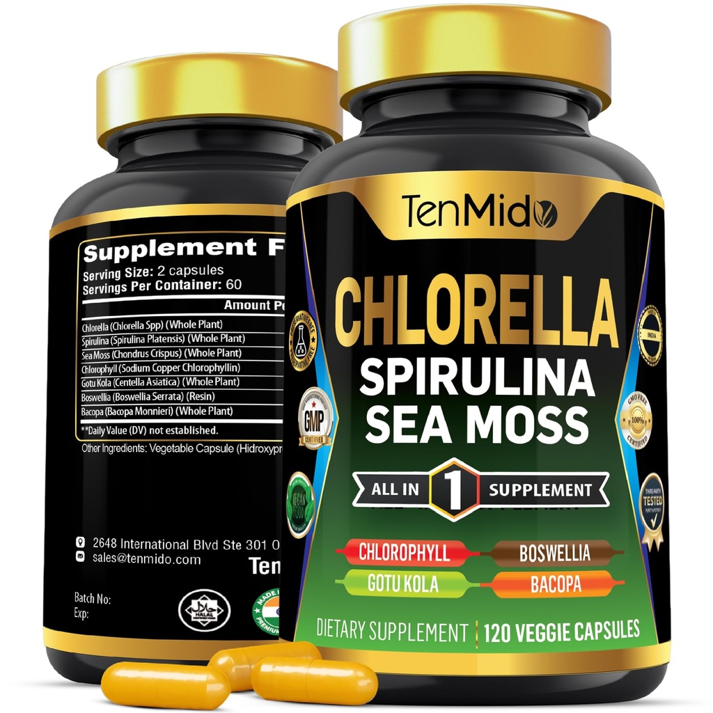 Suplement Chlorella dla mężczyzn i kobiet - 7in1 Formuła z Spirulina, Sea Moss, Chlorophyll, Gotu Kola, Boswella & Bacopa - Wsparcie immunologiczne - Bogata w odżywki, Witaminy - 120 Kapsułki