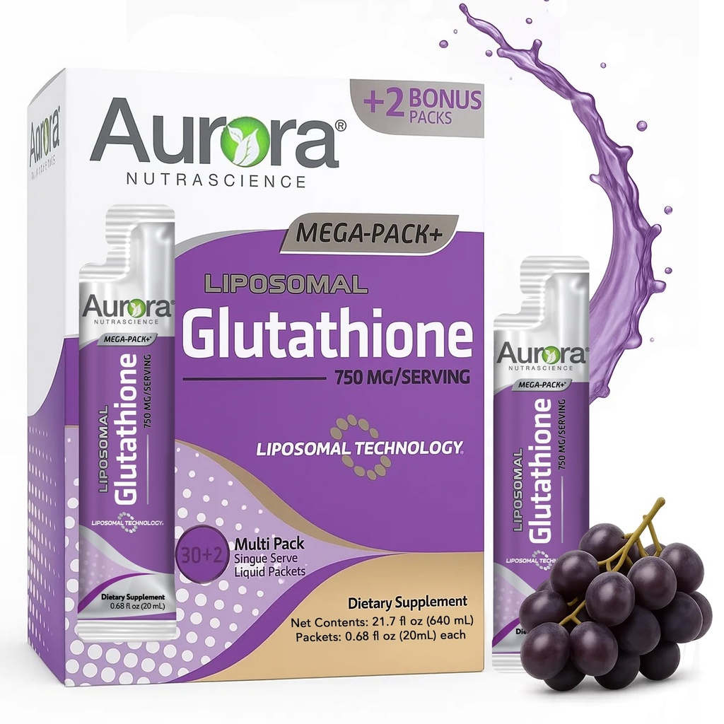Aurora Nutrascience Mega- Liposomal Liquid Glutathione, Immune & Antioksydant Gut Supplement Health Supplement, 750 mg na jedną porcję, Non-GMO, Sugar- Free, 32 Pojedyncze opakowania serwowe