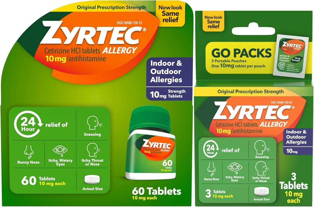 Zyrtec 24 Hour Allergy Relief Tablets, Indoor and Outdoor Alergy Medicine with 10 mg Cetirizine HCl per Antihistamine Tablet, Bundle Pack, 60 ct + 3 ct Travel Packs, 63 Count