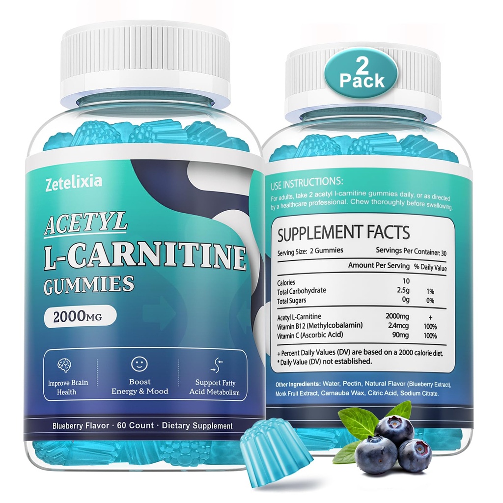 2 Pack Sugar Free Acetyl L- Carnitine Gummies, L- Carnitine Suplement dla kobiet i mężczyzn, z witaminą C & B12, ALCAR for Energy, Brain & Heart Health Support, Wegan, Non-GMO, 120 Count