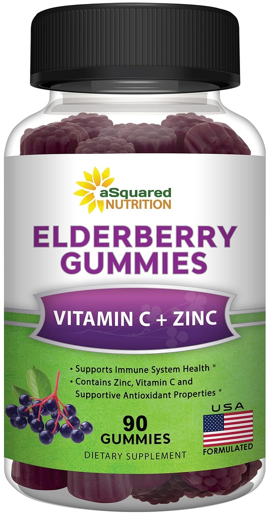 aSquared Nutrition Sambucus Elderberry Gummies z cynkiem i witaminą C - Gummy do żucia alternatywa dla tabletek kapsułki - Czarne Elderberry w / VIT C dla dorosłych Wsparcie immunologiczne - 90 Gummies