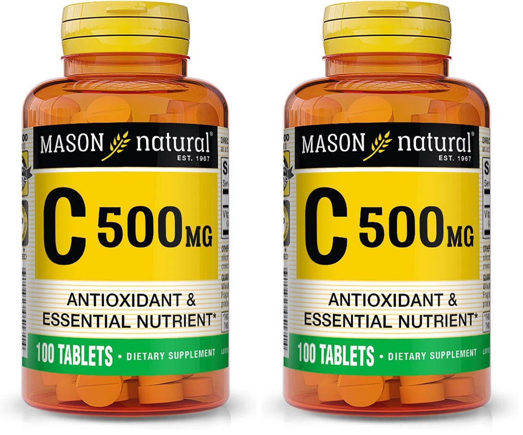 MASON NATURAL Witamina C 500 mg - wspomaga zdrowy system immunologiczny, przeciwutleniacz i odżywczy, 100 tabletek (opakowanie po 2)