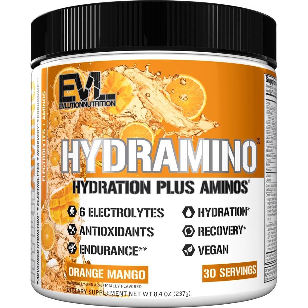 Evlution Nutrition HYDRAMINO Kompletny mnożnik nawodnienia, Wszystkie 6 Elektrolity, Witamina C & B, Fluid Aminos Boosting, Woda kokosowa, Wytrzymałość, Odzysk, Przeciwutleniacze, 30 Serw, Pomarańczowy mango