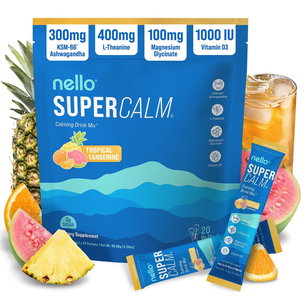 Nello Supercalk Drink proszkowany Mix, Tropical Tangerine, L Theanine, Ksm- 66 Ashwagandha, Magnezu Glycinate, Witamina D 3, Suplementy do Relaxation & Focus, Natural, No Sugar, Non GMO, 20 Srvg