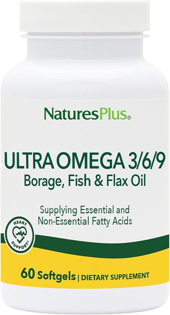 Natury Plus Ultra Omega 3 6 9- 1200 mg, 60 Softgels - Olej z borasu, Olej rybny, Suplement oleju flax, Gluten- Free - 60 Służenie