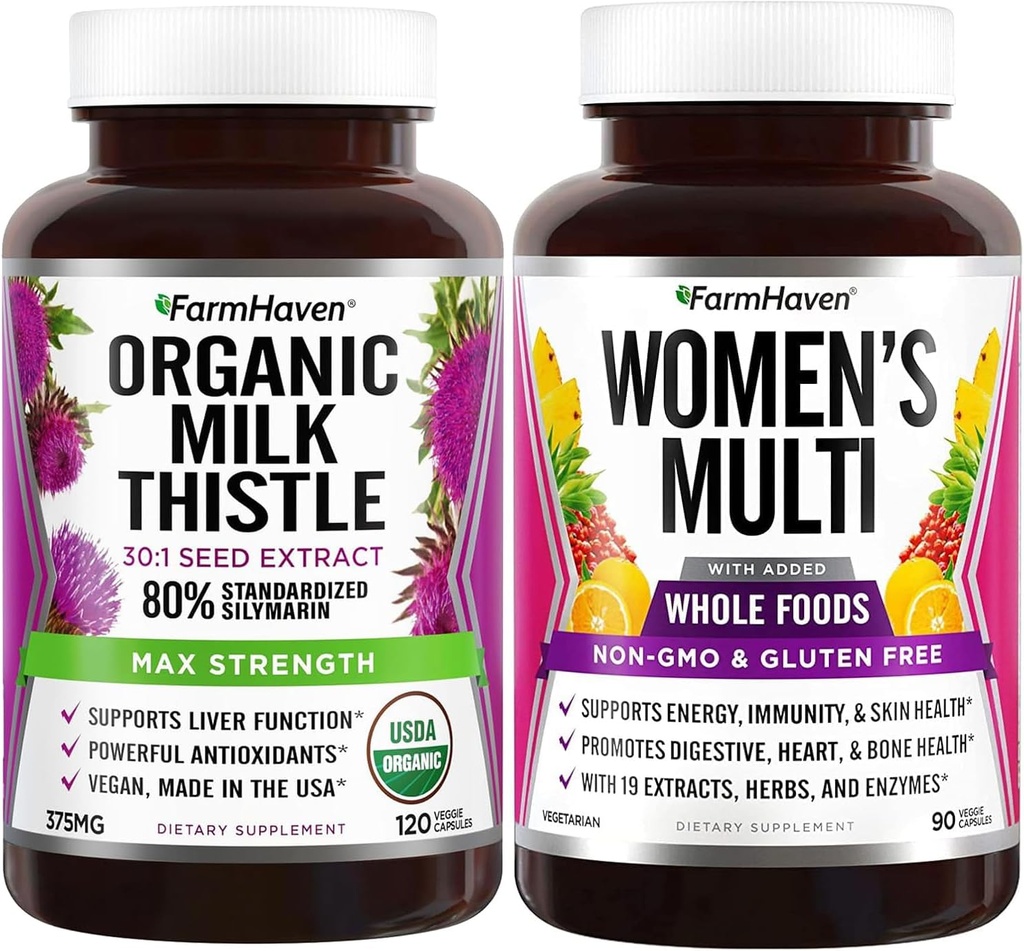 FarmHaven Milk Thistle Kapsułki i Multivitamin dla kobiet 124; 22 Zasadnicze składniki odżywcze, owoce i warzywa Kobiety Multivitamin 124; Wzmacnia energię, immunologiczne, Heart Health Bundle
