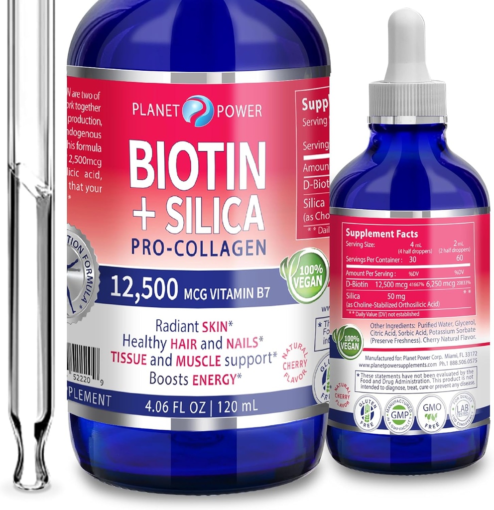 Wegańskie płynne BIOTIN z Silica Pro- Kolagen 12,500mcg. Wspiera zdrowe włosy, połysk skóry, silne paznokcie. Boost Energy. Dla mężczyzn i kobiet skoncentrowanych Formuły. Natural Cherry Flavor. 4oz