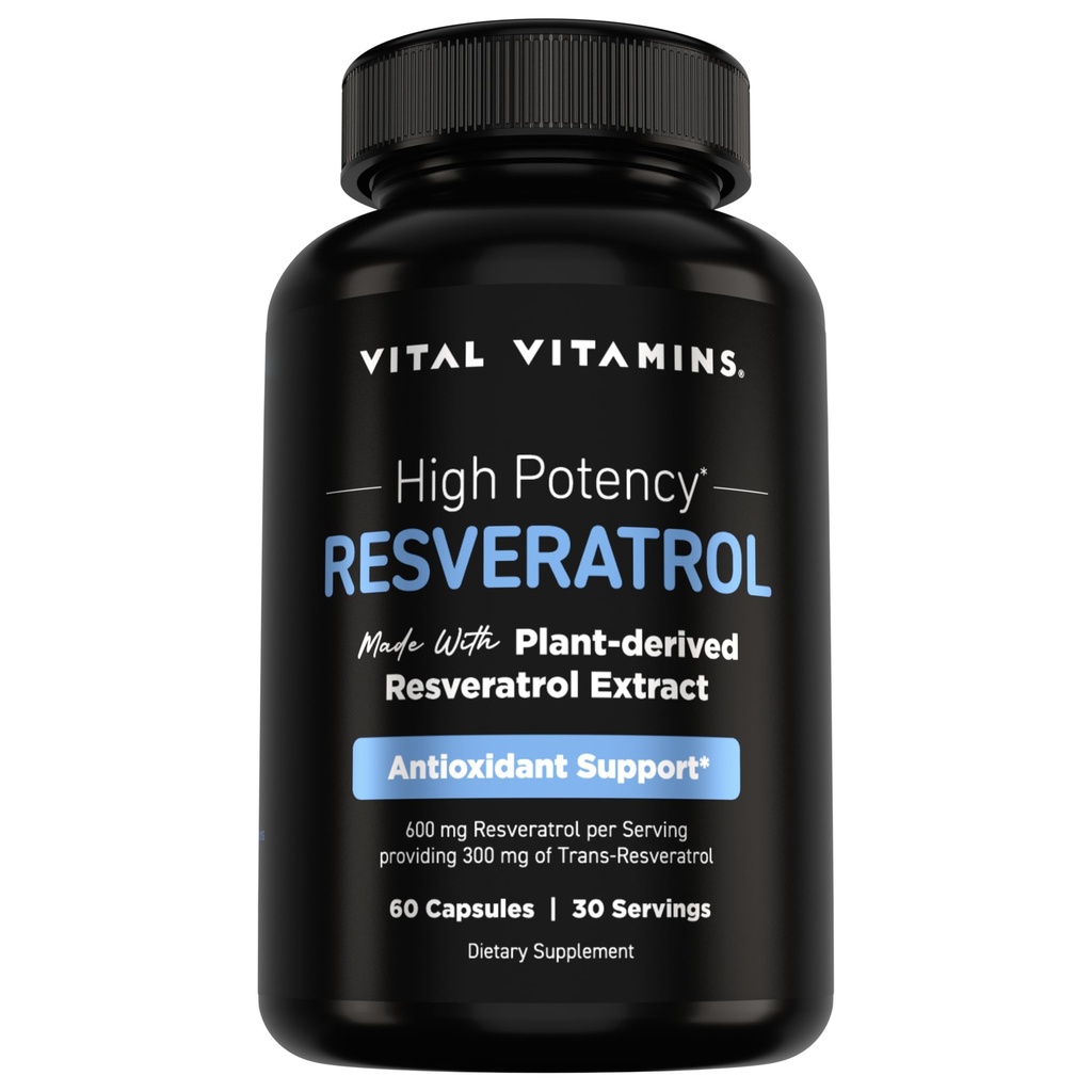Vital Vitamin Resveratrol Supplement - Wsparcie przeciwutleniające, Długowieczność komórkowa, Funkcja kognitywna - 60 Kapsułki
