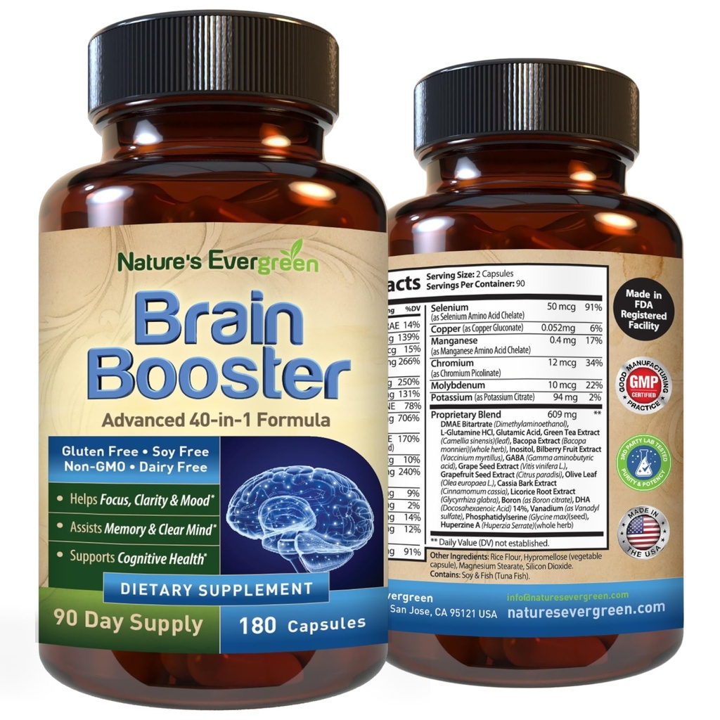 Brain Booster 40- in-1 Suplement Formuły dla Focus, Pamięć, Klarowność, Energia 124; dla mężczyzn i kobiet, Funkcje kognitywne Nootropowe Wsparcie z DMAE, Zdrowie mózgu Formuła 124; (180 Kapsułki - 90 Day Supply)