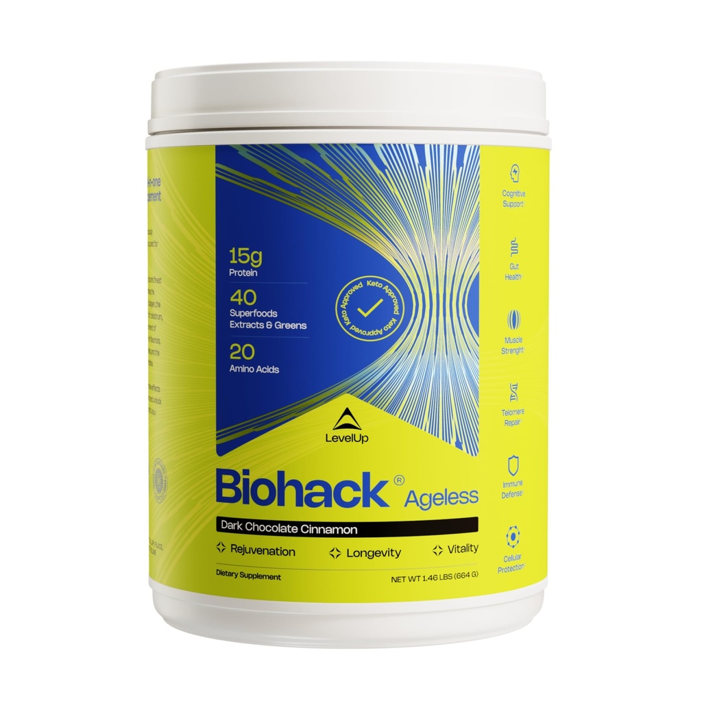 LevelUp Biohack Ageless: Colostrum Collagen Superfoods Przeciwutleniacze Spermidine Amino Acids Kreatyna dla kobiet i mężczyzn, Odmładzanie całego ciała (Dark Chocolate Cynamon)