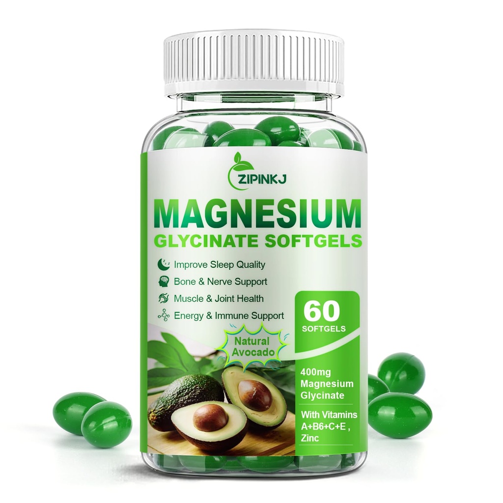 Magnezu Glicynian 400mg, Wysoka Absorpcja Suplementy magnezu Softgels z Witaminą E, B6, Cynk na sen, Spokój, Zrelaksowanie mięśni i kości Zdrowie, Bezglutenowe, Nie- GMO, 60 softgeli