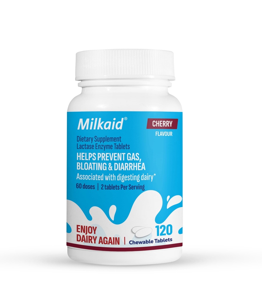 Milkaid Lactase Enzyme Chewable Tablets for Lactose Intolerantion Relief Relief 124; Zapobiega ganiu Gazowi, Bloating & Biegunka 124; Szybkie działanie suplement diety mlecznej (120 tabletek, Cherry)