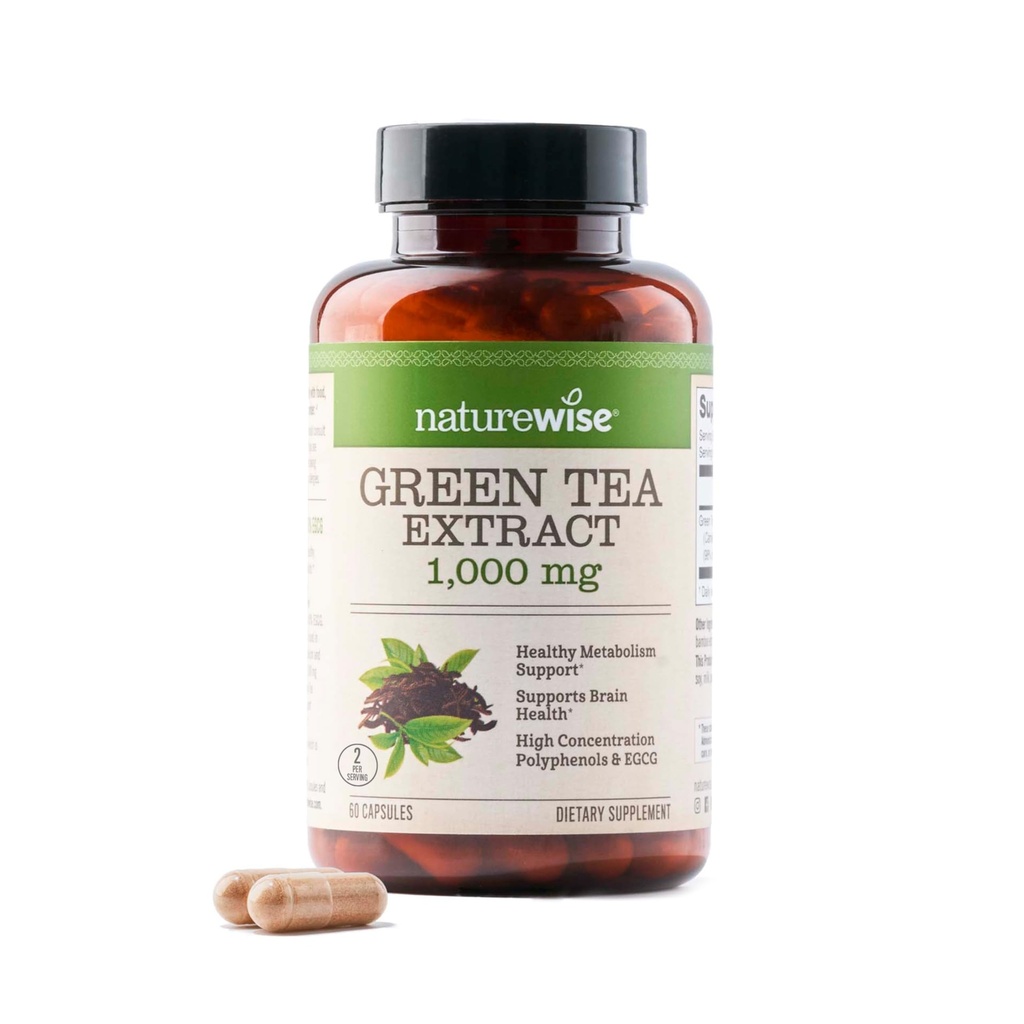 NatureWise Green Tea Extract Kapsułki 1000 mg - 50% EGCG & 98% Polifenole - Ekstrakt Extra Siła Zielona Herbata Pigułki - Przeciwutleniacze dla Heart Health & Energy - Wegan, Non-GMO - 60 Count [30- Day Supply]