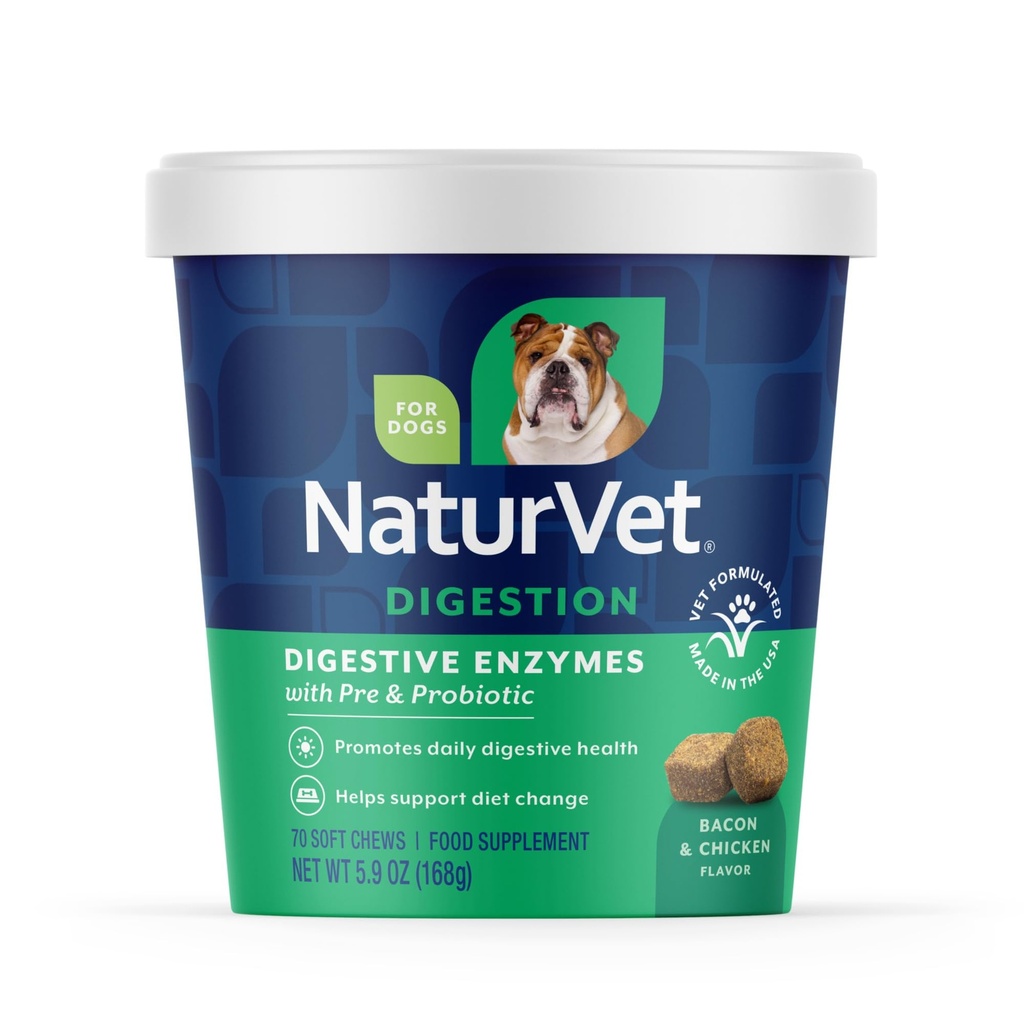 NaturVet - Enzymy Żywieniowe - Plus Probiotyki i Prebiotyki - Pomaga Wsparcie Diet Zmiana & A Zdrowy Trakt Żywieniowy - dla psów (Soft Chews, 70 Count)