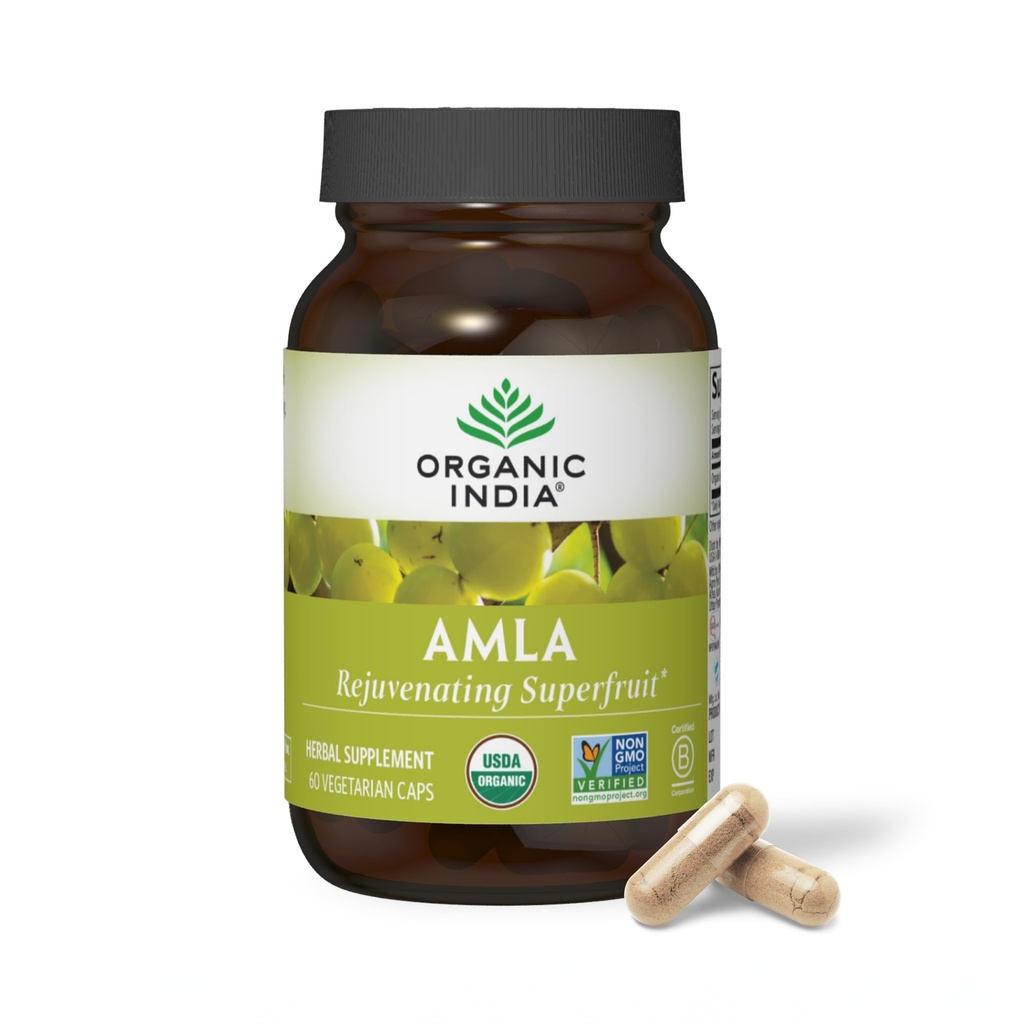ORGANIC INDIA Amla kapsułki organiczne - indyjski suplement witaminy Gooseberry Herbal, suplement Amla, wsparcie immunologiczne, wegan, gluteny-free, Ayurvedic, przeciwutleniacz, Non-GMO - 60 kapsułki