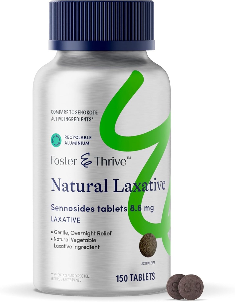 Foster & Thrive Senna Laxative, 150 tabletek, Naturalne składniki roślinne, dzień i całonocna ulga dla jelit zaparcia, wzdęcia, Nieprawidłowości, Porównywalne do Senokot S