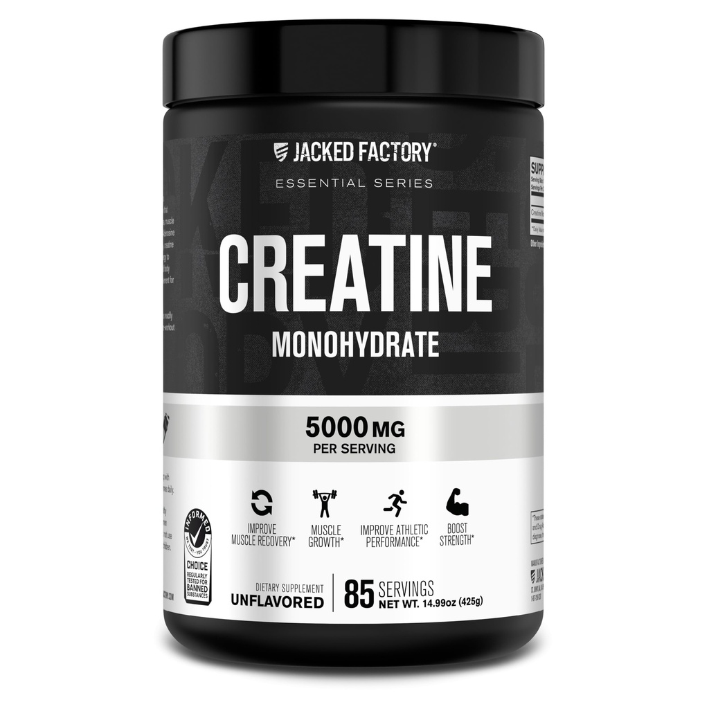 Jacked Factory Creature Monhydrate Powder 425g - 5g Codzienny suplement dla kobiet i mężczyzn, Wegan- Przyjazny weganom, Trzecia-Party Tested - 85 Sług, Unflavored