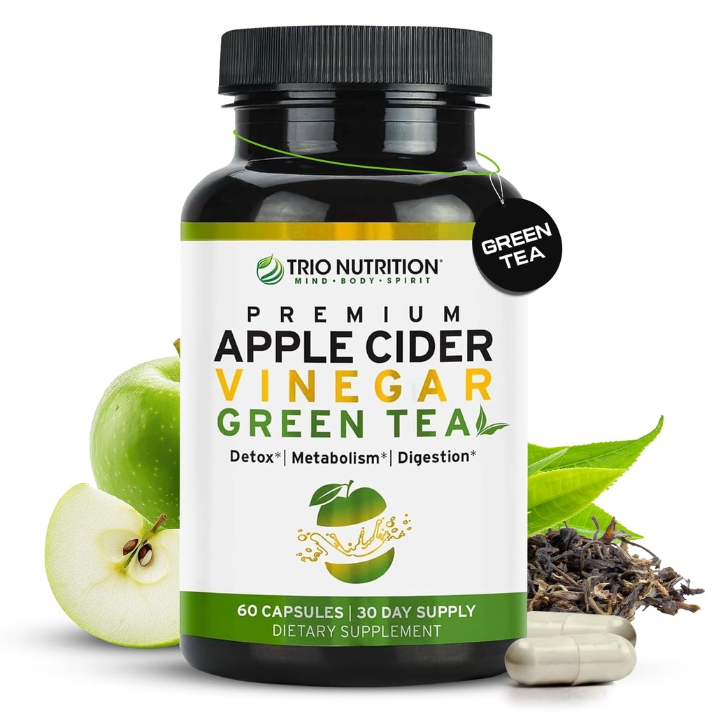 Trio nutrition Jabłko Cydr Ocet kapsułki z zielonej herbaty - Natural Sugar Free Jabłko Cydr Ocet pigułki z matką do czyszczenia ciała, immunologiczne, Zarządzanie wagą i booster metabolizmu *