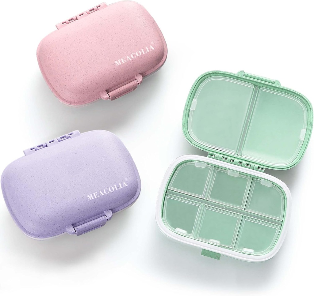 MEACOLIA 3 Pack 8 Companies Travel Pill Organizer, Daily Pill Case Small Pill Box for Pocket Purse, Portable Pill Container Medicine Vitaine Organizer (Purpurowy, zielony, różowy)