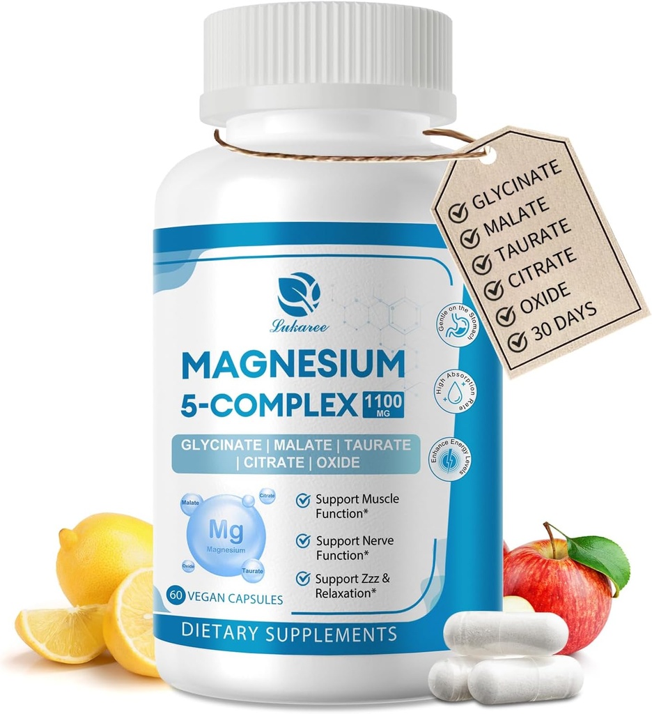 5- in-1 Magnezu Complex Supplement z witamin i ekstraktów ziołowych, 30 Dni dostaw z magnezu glicynian cytrynian jabłczan tlenek tauratu dla spokojnej kości mięśni energii Cortisol Balance, Wegan