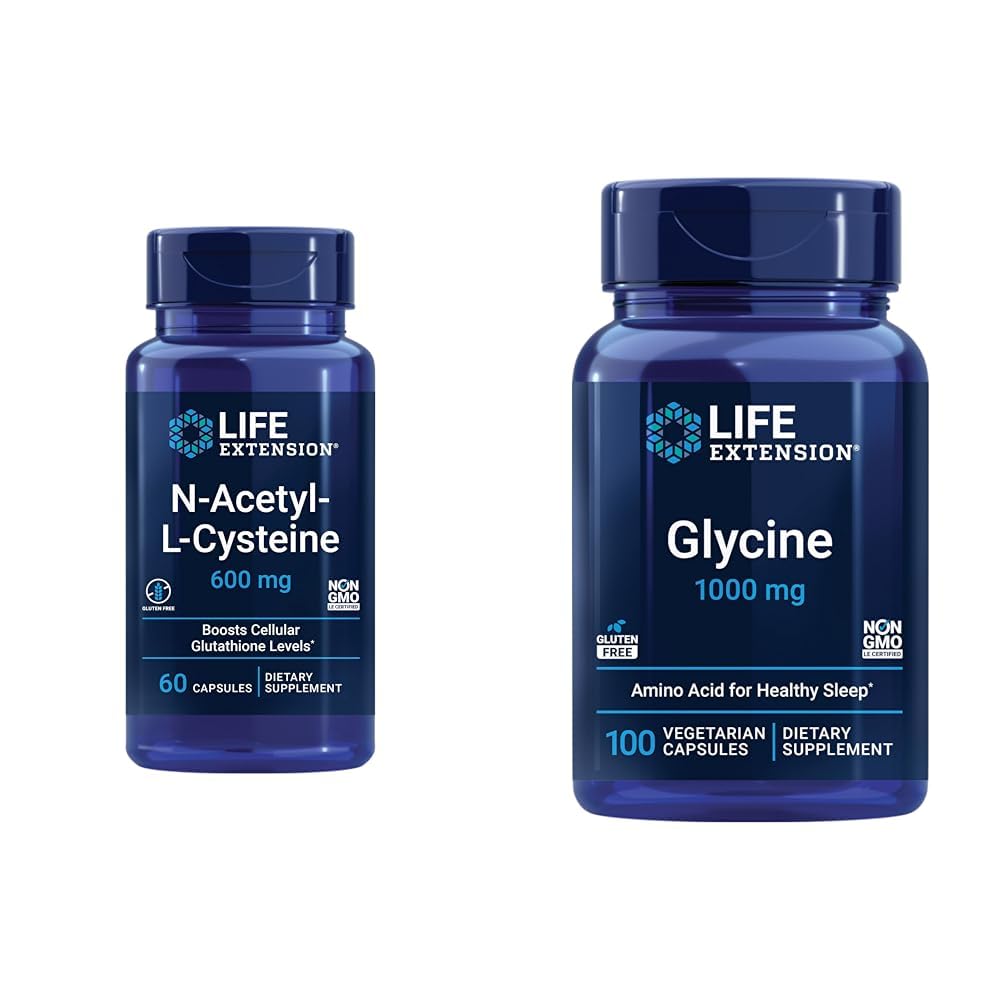 Life Extension N- Acetyl- L- Cysteine (NAC) & Glicine 1000 mg, Promotes Relaxation, Zdrowy sen, Amino Acid, Gluten- Free, Non-GMO, Wegetarianin, 100 Kapsułki