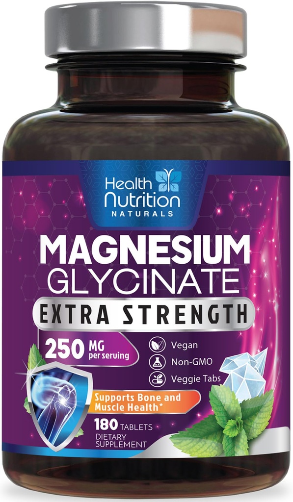 Magnezu Glicynian 250mg - 100% Chelatowany Magnez dla Max Wchłanianie - Wsparcie snu, Mięśnie, Nerwy, Bone & Heart Health Supplement, Best Mag Supplement, Wegan Non-GMO, 3. strona Tested - 180 Tabletki