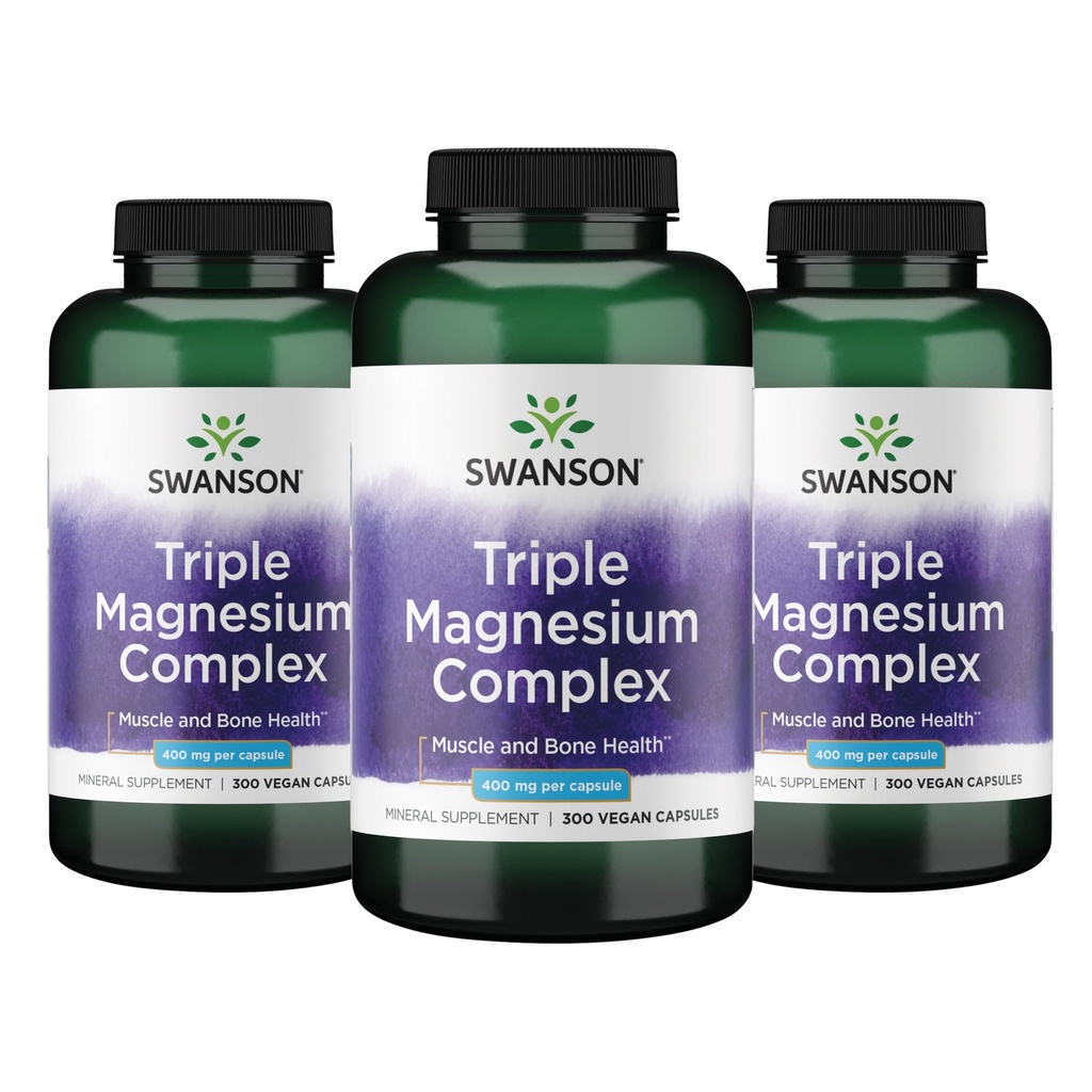 Swanson Triple Magnezu Complex - Suplement mineralny - Natural Support - Wyposażony w cytrynian, tlenek i asparaginian - (300 kapsułek, 400mg każdy, 3 opakowania)