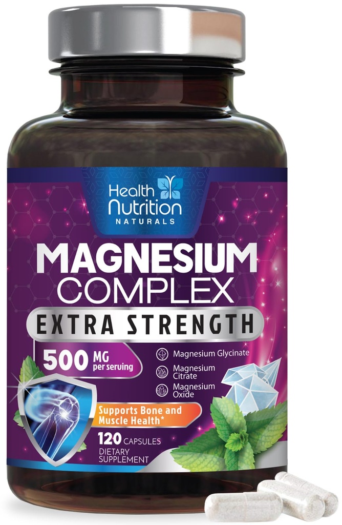 Magnezu Complex kapsułki 500 mg z tlenkiem, glicynian, jabłczan, cytrat - Kompleks Wysokiej Absorpcji Chelated Magnezu Suplementy mineralne - dla wsparcia zdrowia mięśni, kości i serca - 120 Kapsułki